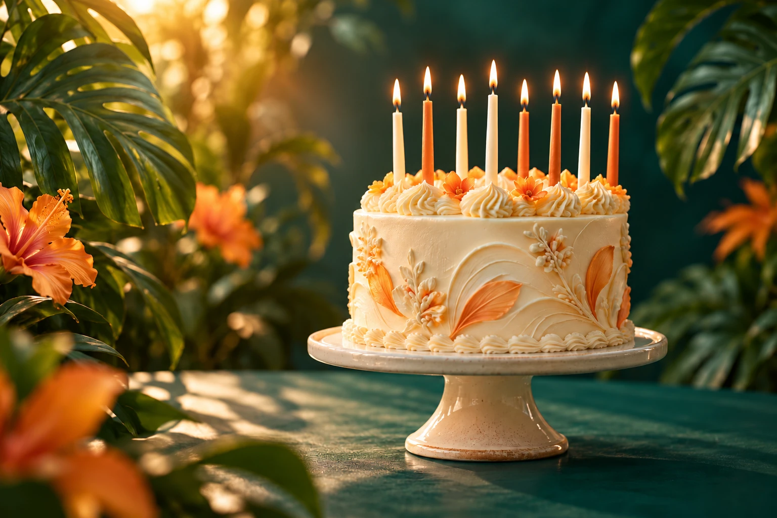 Un gâteau d’anniversaire éclairé par huit bougies.