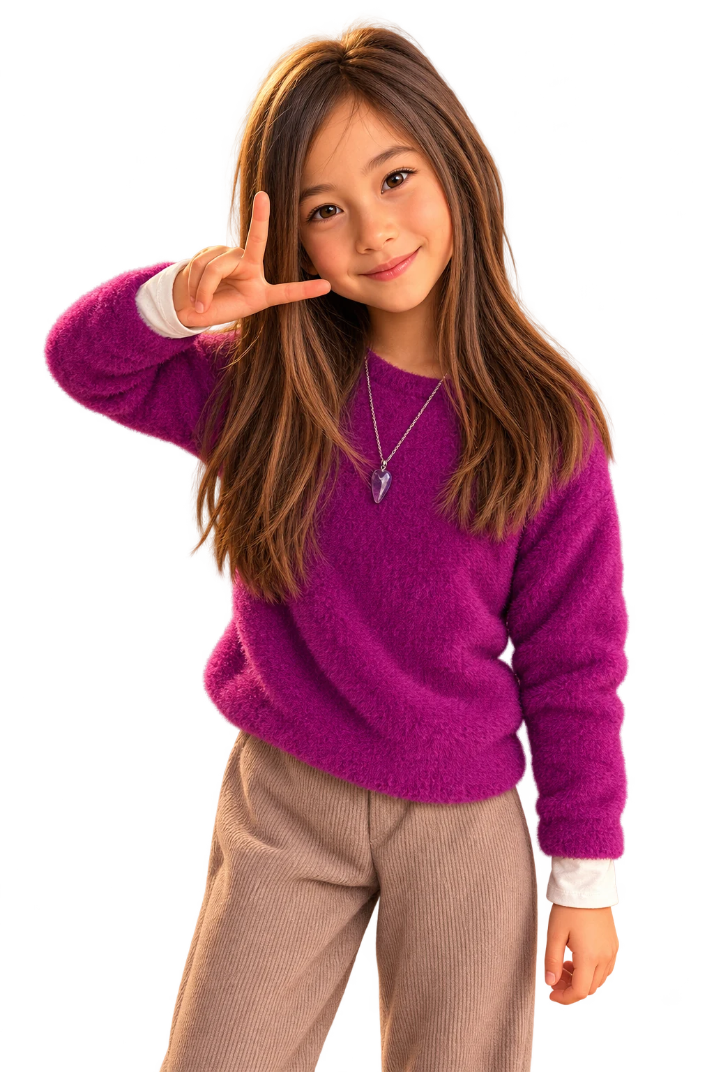 Eva en personnage de dessin animé, avec son pull violet.